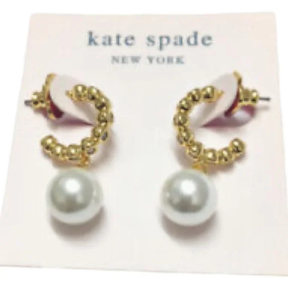 KATE SPADE • Gold Modern Pearls Huggies Hoop Earrings NWT